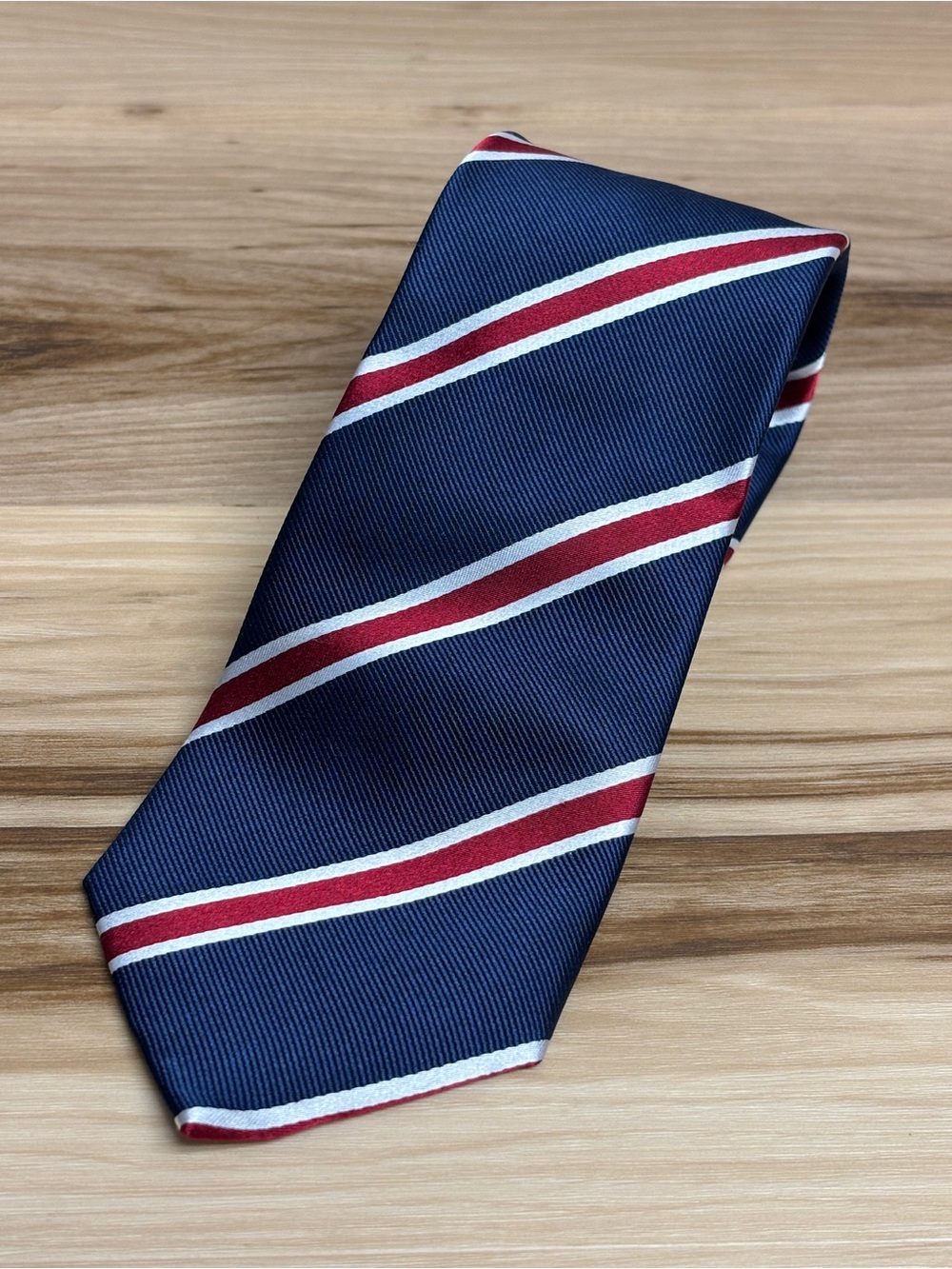 John William hand made 100% silk blue/red and silver striped tie 59” by 3.25”